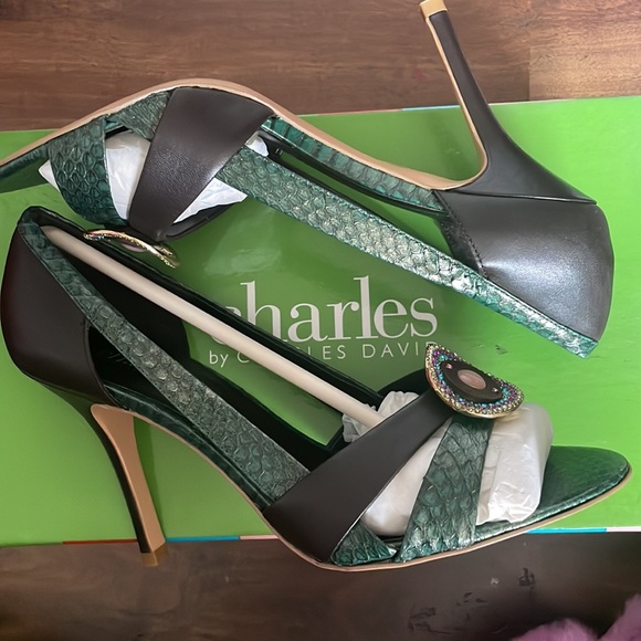 Charles david green and brown open toe pumps with jewel accent piece. - Picture 8 of 10